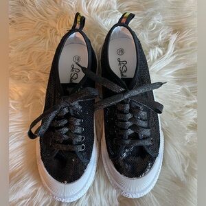 La Sheelah Black Sequins Lace up Sneakers SZ 6 1/2